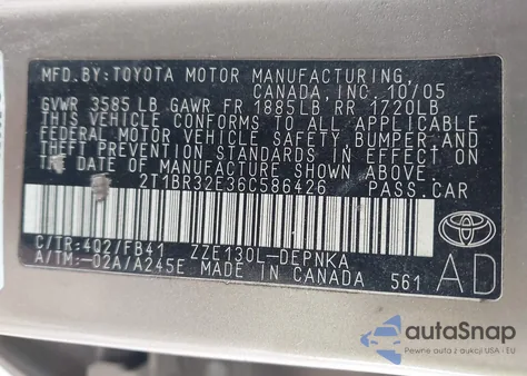 2006 Toyota Corolla Le from USA, damaged, VIN 2T1BR32E36C586426